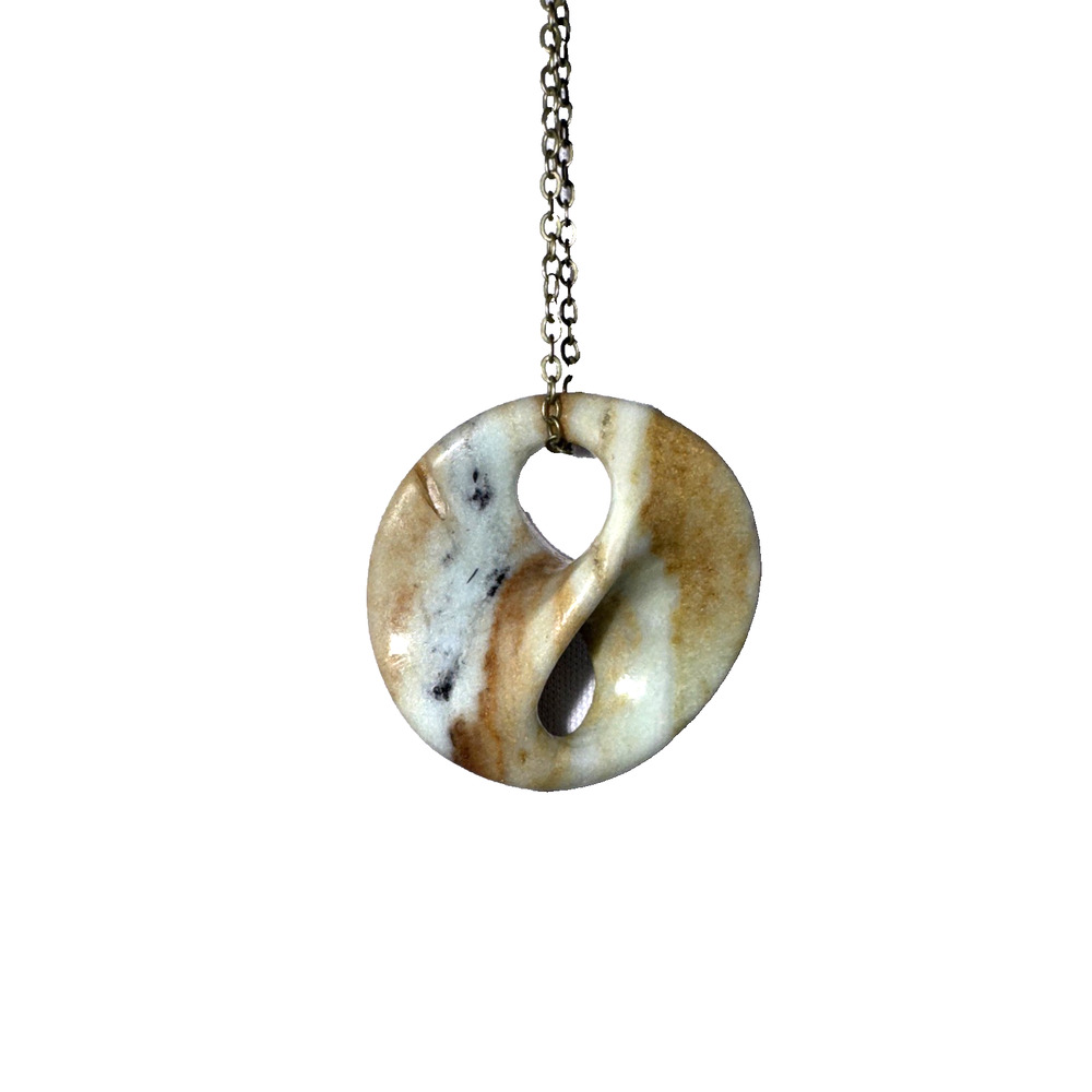 Genuine Stone Necklace Agate? Jewelry Bling Bronze Tone 31" Chain Round Tan